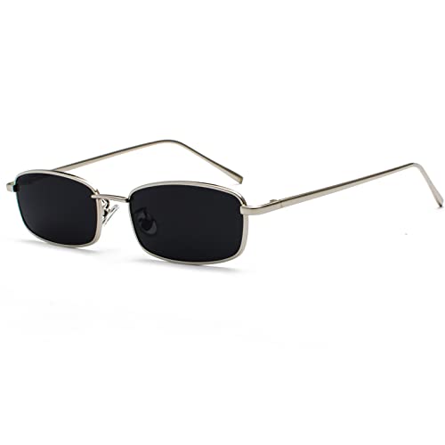 Image of Ggpyyon Vintage Narrow Rectangle Sunglasses for Women Men, Retro 90s Small Metal Frame Square Glasses Candy Colors(Silver/Grey)