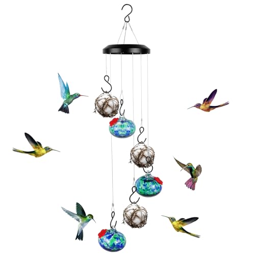 Wind Chime Hummingbird Feeders for Outdoors Hanging 3 Hand-Blown Glass Hummingbird Feeders with 3 Woven Nesting Material Balls Bee & Ant Resistant Leak-Resistant Garden Decor Gift for Women