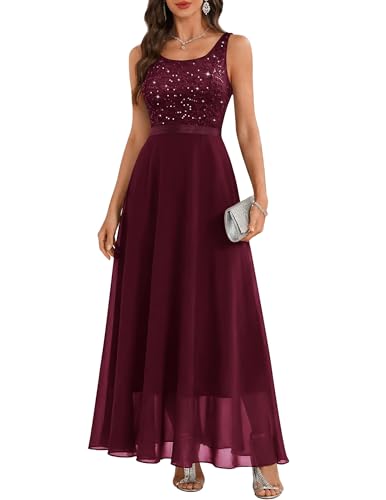 Image of BeryLove Sequin Dress for Woman Vintage A Line Wedding Formal Swing Mesh Dress Sleeveless Cocktail Maxi Gowns