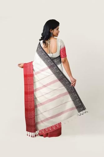 Image of eC ESHA'S COLLECTION Women's Cotton Blend Begumpuri Handloom Saree With Unstitched Running Blouse Piece (Off-White, Black, Red)