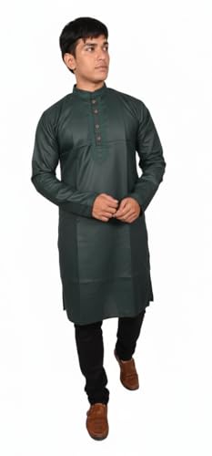 HOME ARCHIVE Men's Neck Embroidery Cotton Solid Indian Kurta Pajama Set Mandarin Collar Casual Fashion Gift for Men (US, Alpha, Medium, Regular, Regular, Dark Green)