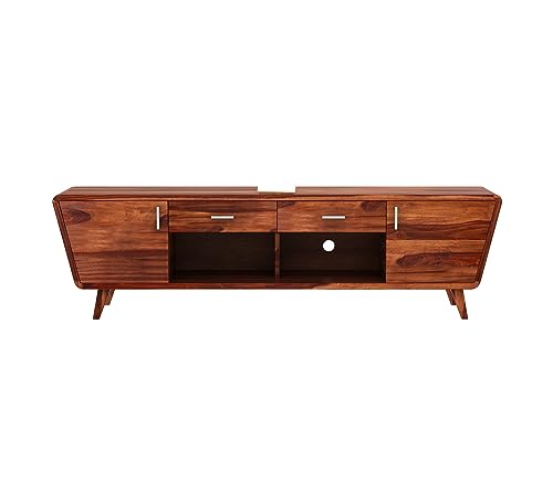 Image of Premium Solid Sheesham Wood TV Unit for Living Room - 2 Drawers, 2 Shelves, and 2-Door Storage - Fits up to 60-Inch TV (Easton, Honey Finish)