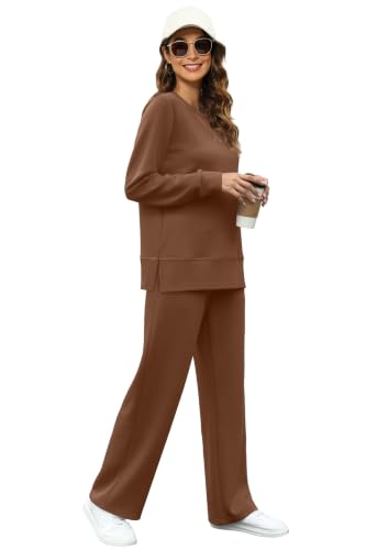 Image of OFEEFAN Women's 2 Piece Lounge Set Travel Airport Outfits Side Slit Tracksuit Wide Leg Loungewear Baggy Comfy Sweatsuit S-3XL