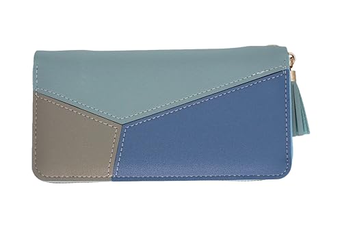 Women's long wallet with geometric color block design, ultra-thin and lightweight wallet, tassel, 7.48 × 3.93 inches, blue and grey blue multi card storage