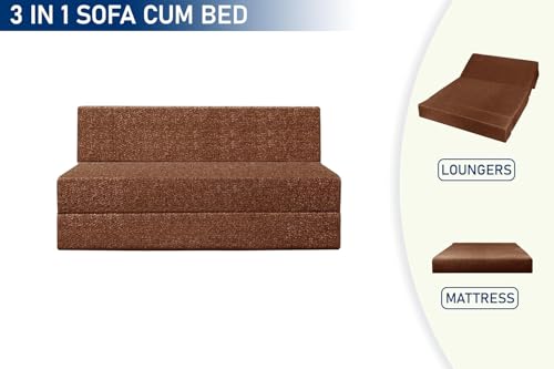 Image of Foldable 2 Seater Sofa Cum Bed, Sofa Bed 4 X 6 Feet, Jute Fabric- Washable Cover- Including Two Cushion Perfect for Home & Office - Brown Color