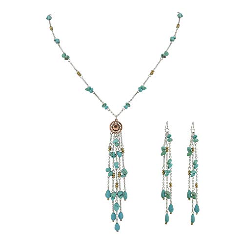 Coiris Long Simulated Turquoise Beads with Long Tassels Statement Necklace for Women with Earrings (N0038)