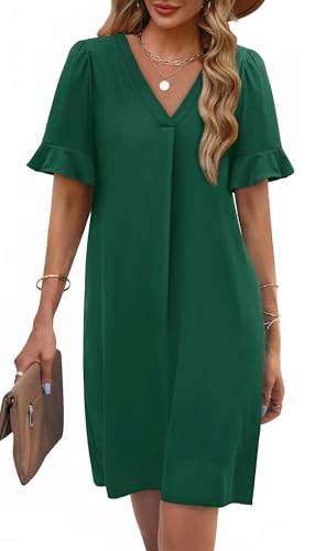 Image of OFEEFAN Summer Dresses for Women Ruffle Short Sleeve V Neck Casual Shift Dress with Pockets