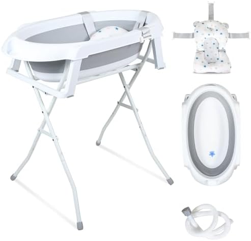 Ansobea Baby Badewanne mit Gestell, faltbare badewanne für Neugeborene | Farbwechsel-Warnstöpsel, Rutschfester Standfuß, weiche Badematte & Kopfstütze, platzsparend faltbar, schont