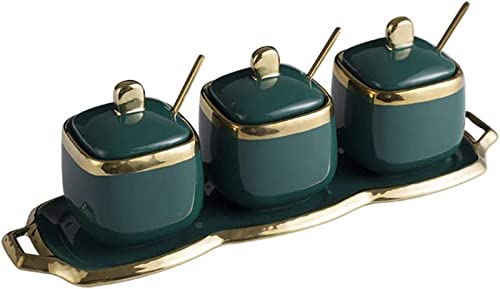 TBLOTYD Ceramic Seasoning Jar Three-piece Seasoning Jar Seasoning Box Light Luxury Phnom Penh Emerald Kitchen Supplies Salt Sugar Bowl