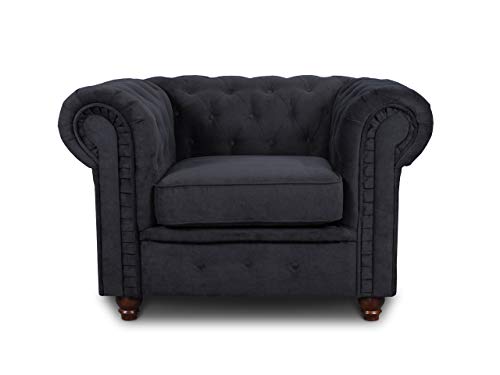 Preisvergleich Produktbild Sessel Chesterfield Asti - Couch, Couchgarnitur, Couchsessel, Loungesessel, Stühl, Holzfüße - Glamour Design (Schwarz (Capri 19))