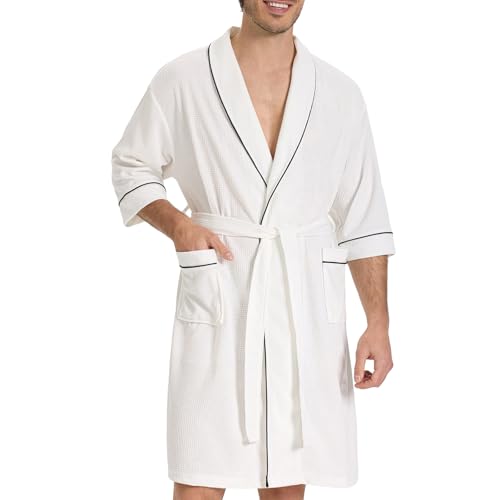 SIORO Men’s Waffle Knit Robe with Shawl Collar, Short Lightweight Bathrobe with Pockets, Perfect for Spa, Summer & Shower4