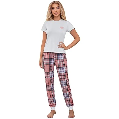LfdecorHomewear Short-Sleeved, Checkered Pants with Cardiac Pressure, Early Autumn Pyjamas-Liebe,M Cover
