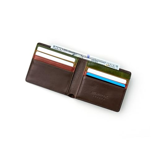 Mens Wallet, Slim Minimalist RFID Blocking, Full-Grain Leather Handcrafted Bifold, 6 Card Slots, Gift Box & Pouch, Christmas & Birthday, Brown (Plus Colors)3