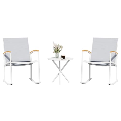 Image of Shintenchi 3 Pieces Patio Rocking Bistro Sets,Outdoor Textilene Fabric Conversation Bistro Set,Front Porch Rocker Chairs Small Patio Furniture Set with Table for Lawn,Garden,Balcony(White)
