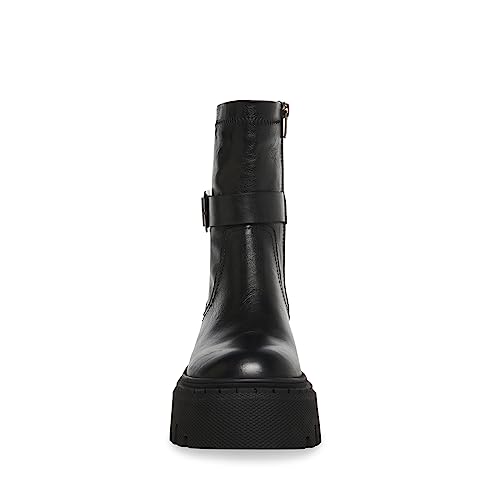 Steve Madden Ankle Boot Everly Black Leather Lugged Sole Buckle Detailed Ankle Combat Boots