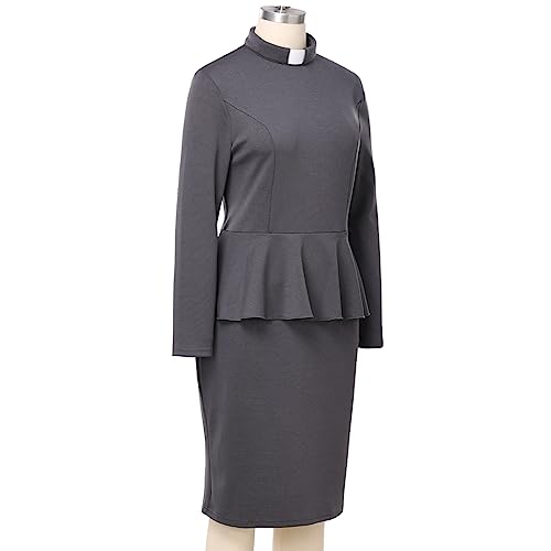 Image of FAD-4U Church Clergy Dress for Women Minister Long Sleeve Ruffle Slim Pencil Dress with Tab Insert Stand Collar