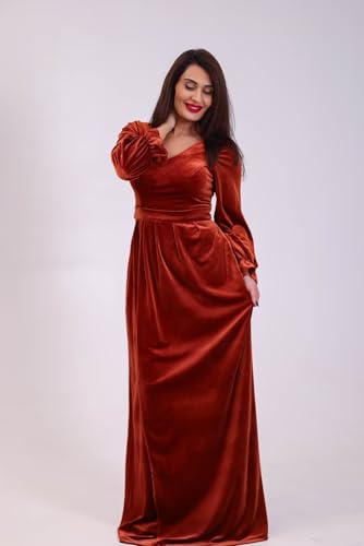 Women's Velvet Bridesmaid Dresses V Neck High Slit A Line Long Sleeves Prom Dresses Formal Gowns with Pockets2