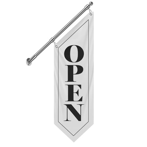 QSUM Open Flag, Double-Sided Three-ply Hanging Open Sign with Pole and Mounting Kit, Vintage Style Open Business Banner, Open Flag (White-W, 27