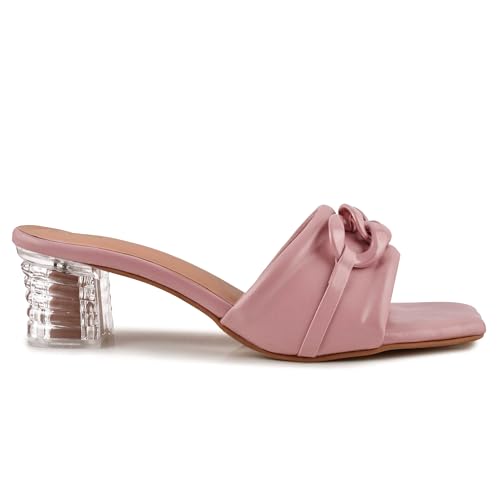 Image of Women's Slip On-On Heeled Sandals with Transparent Block Heels & Decorative Chain Strap Signora103| Fashionable Summer Slides Trendy Chain Strap Signora103