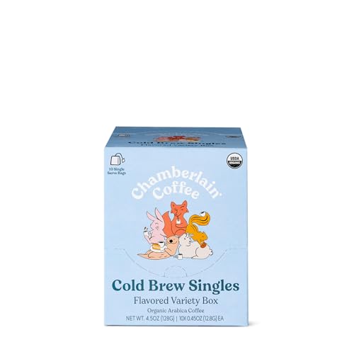 Chamberlain Coffee Cold Brew Singles Assortment Pack - Cold Brew Coffee Grounds - Hot or Ice Brew - Organic Coffee Single Serving Bags - 10 Cold Brew Bags