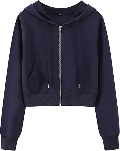 Image of Casual Wear Solid Crop Zipper Jacket Hooded Neck Full Sleeves with Kangaroo Pocket Hoodie for Women