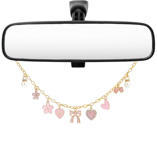BEAMARKER Rearview Mirror Hanging Ornament Pink Car Charm with Bow Heart Flower Pearl Aluminum Cute Feminine Aesthetic Rearview Mirror Hanging Accessories Car Decor Gift for Women