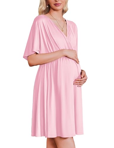 Image of Ekouaer 3 in 1 Labor and Delivery Gown for Hospital Short Sleeve Maternity Nursing Dress Nightgown Postpartum Sleepwear