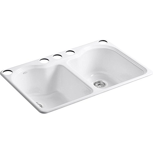 KOHLER Hartland™ 33 Inch Undermount Kitchen Sink, Double-Equal Bowls, Kitchen Sinks with Five-Hole Faucet Drilling, K-5818-5U-0, White