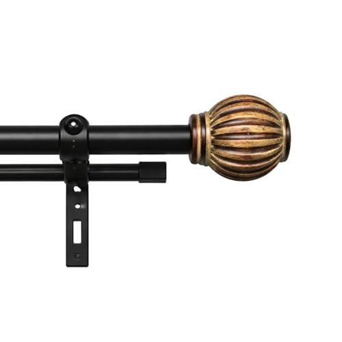 Image of 28 inch-48 inch Adjustable Double Curtain Rod For Door & Windows With Brackets Set Curtains Hanging Extendable Iron Metal Pipe Holder With Pomp Wood Finial (Black, 0.75 inch Diameter)