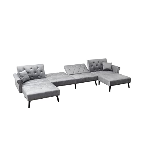 Moeo 150" Symmetrical Sectional Sofa With 2 Pillows And Chaise, U-Shaped Nailhead Decor Corner Sofá Convertible Sleeper Velvet Couch Bed For Living Room Furniture, Dark Grey #TOP5