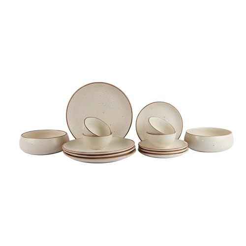 Image of Miah Decor Ceramic Dinner Set- 14-Piece Handmade Stoneware | 4 Bowls, 4 Quarter Plates, 4 Dinner Plates & 2 Serving Bowls | Off White Ribbed Matte Finish | Microwave & Dishwasher Safe | Ideal Gift
