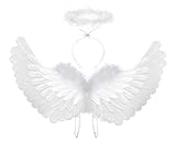SzJias Angel Costume Wings and Halo Angel Costume Wings for Girls Kids Angel Feather Wings for Halloween Christmas Eve (White)