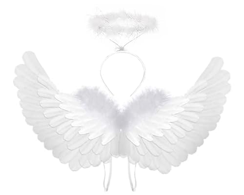 SzJias Angel Costume Wings and Halo Angel Costume Wings for Girls Kids Angel Feather Wings for Halloween Christmas Eve (White)
