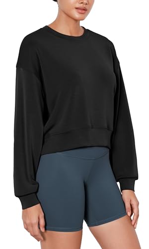 ODODOS Modal Soft Long Sleeve Cropped Sweatshirts for Women Oversized Crew Neck Pullover Crop Top
