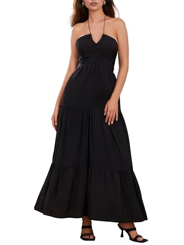 Ärmelloses, langes Kleid für Damen, Boho, Neckholder, Maxikleid, Sommer, lässig, lockeres Sommerkleid, Schwarz , Small