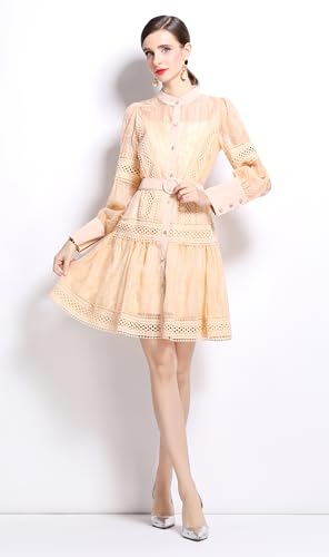 Image of LAI MENG FIVE CATS Women's Hollow Out Floral Print Lantern Sleeve Button Casual Mini Dress
