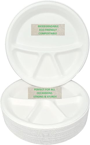 4 COMPARTMENT STRONG DISPOSABLE PLATES for LUNCH & DINNER PARTY, 11"/28cm Size, PACK OF 25, USED FOR HOT & COLD FOODS, Biodegradable Disposable Dishes for Household Parties, Birthday Party Plates