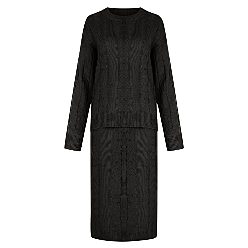 NaRHbrg Plus Size Sweater for Women's Winter Chunky Cable Knit Long Skirt 2 Piece Outfit Sweater Sets Warm Casual Suit4