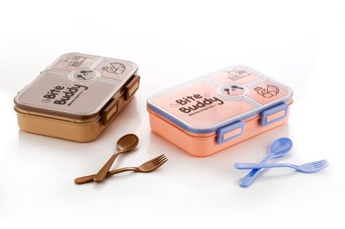 Image of Xmart India Bite Buddy Lunch Box with 4 Compartments Airtight Tiffin Box for School, College & Office Includes 1 Spoons & 1 Fork Lunch Box for Office use, Tiffin Box for School(800ML, Multicolor)