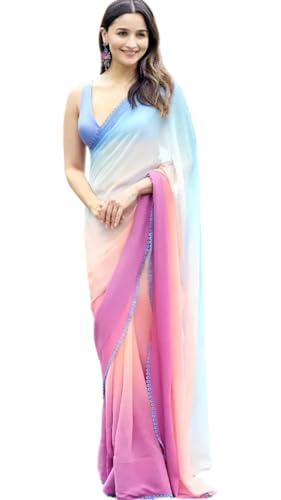 Be4Me.com Alia bhatt Saree celebraty inspired sari Bollywood partywear Satin and Georette Printed saree (unstitch Blouse) (Alia Casata)
