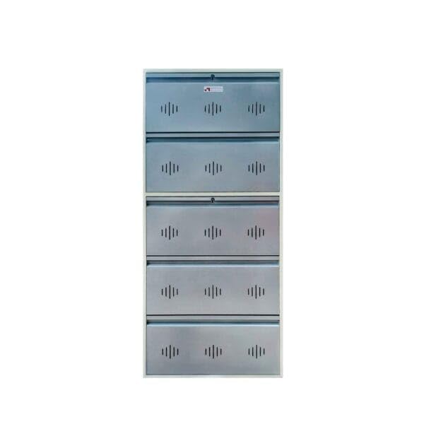 Image of StayHappy Wide Wall-Mounted and Freestanding Metal Shoe Rack Cabinet | Key Lock | Compact Design | Thick Metal Layer for Durability | Powder-Coated Steel | Crafted in Bharat. (Silver, 5 Door)