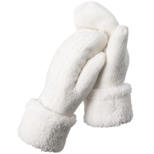 AURUZA Women Gloves Mittens Winter Warm Gloves Heat Weaver Cable Knit Women Gloves Ladies Thick Fleece Lined Insulated Warm Knitted Winter Thermal Mittens for Christmas Birthday Gift (White)