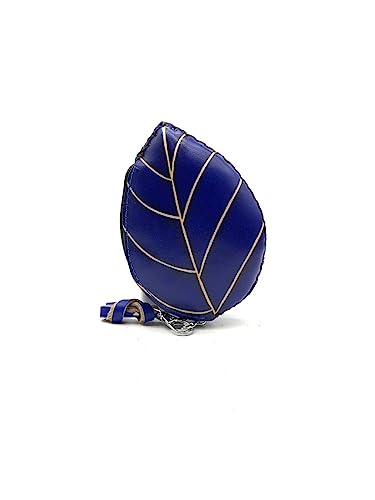 Genuine Leather Homemade Caterpillar on leaf Coin Pouch Removable Wrist Strap (Blue)2