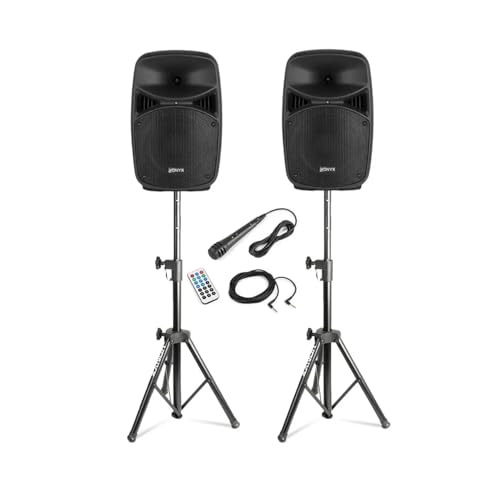 Vonyx VPS082A – Sistema de Sonido Activo 400W con 2 Altavoces 8”, Bluetooth, USB, SD, micrófono y 2 Soportes Regulables LS02K, Altavoz portátil Potente para Karaoke, DJ y Fiesta, Color Negro