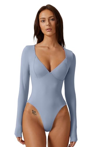 Image of QINSEN Women's Long Sleeve Bodysuit V Neck Body Suits Seamed Cup Going Out Tops Shirt