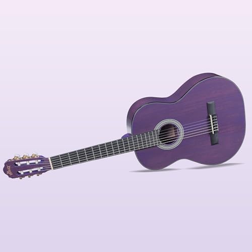 Image of WINZZ 4 /4 Classical Guitar, 39 Inch Full Size Nylon String Guitar for Beginner Adults, Full Classic Guitar Kit with Free Lessons, Gig Bag, Footstool, Capo, Tuner, Hanger and Strap (Glossy Purple)