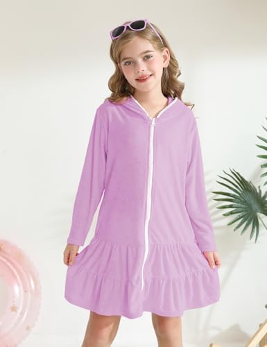 Image of Girls Swim Cover Up Kids Long Sleeve Swimsuit Coverup Terry Beach Pool Clothes with Sunglasses