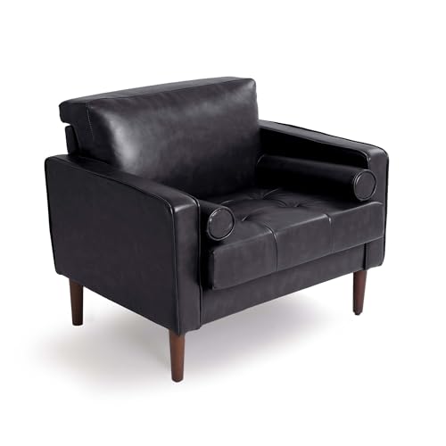 Image of Faux Leahter Accent Chair, Comfy Upholstered Armchairs for Living Room, Modern Bedroom Reading Seat with 2 Bolster Pillows, Black