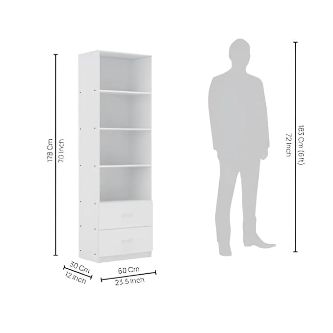 Image of Amazon Brand - Solimo Charm Engineered Wood Book Shelf with 4 Open Shelves & 2 Drawers, White Finish, Multipurpose Storage Rack for Living Room & Study | 60L x 30W x 178H CM | DIY