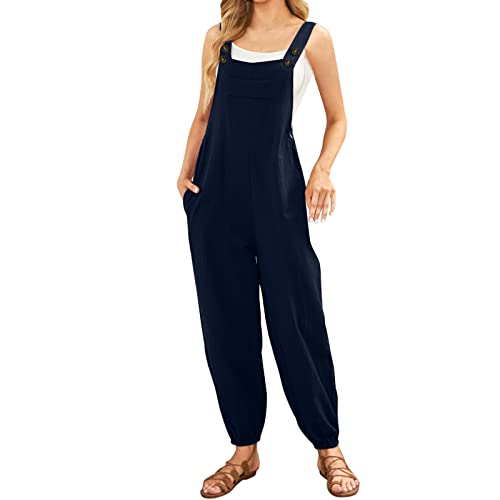 Peto negro para mujer de algodón y lino pierna ancha de verano Jumpsuit Cómodos casuales mono entero ajustable correas Playsuit con bolsillos Peto de maternidad Vintage sin mangas de gran tamaño